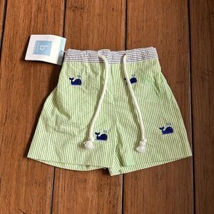 Bella Bliss Baby Boys Swim Trunks 6m Green Seersucker Embroidered Whales NWT